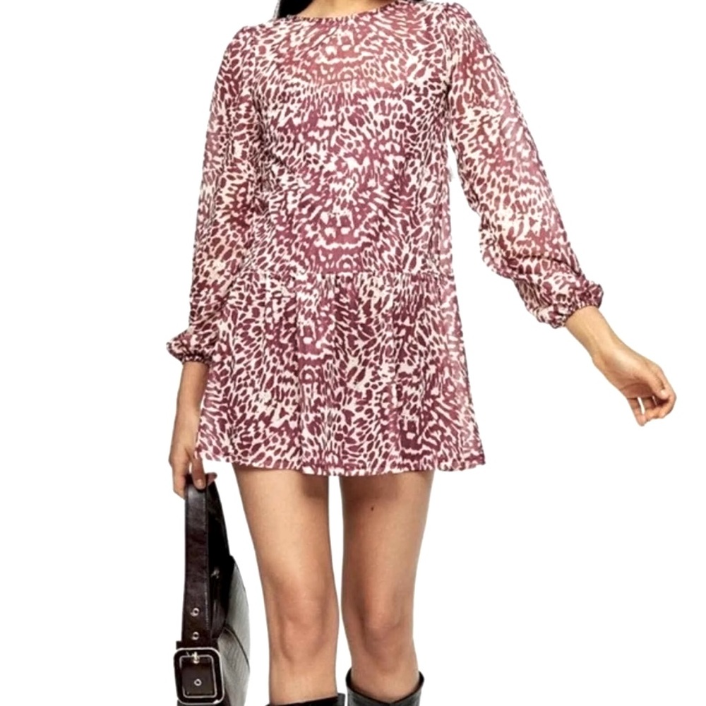 Topshop Animal Print Long Sleeve Mini Shift Drop Waist Dress, Size 10 Petite